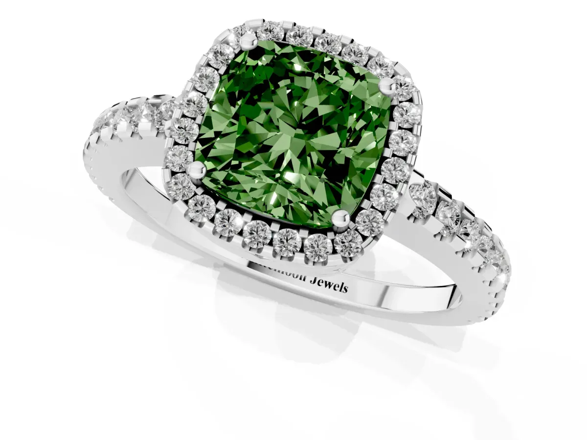 Fancy Green Cushion Cut Diamond Halo Engagement Ring with Pavé Band and Prong Setting Silver