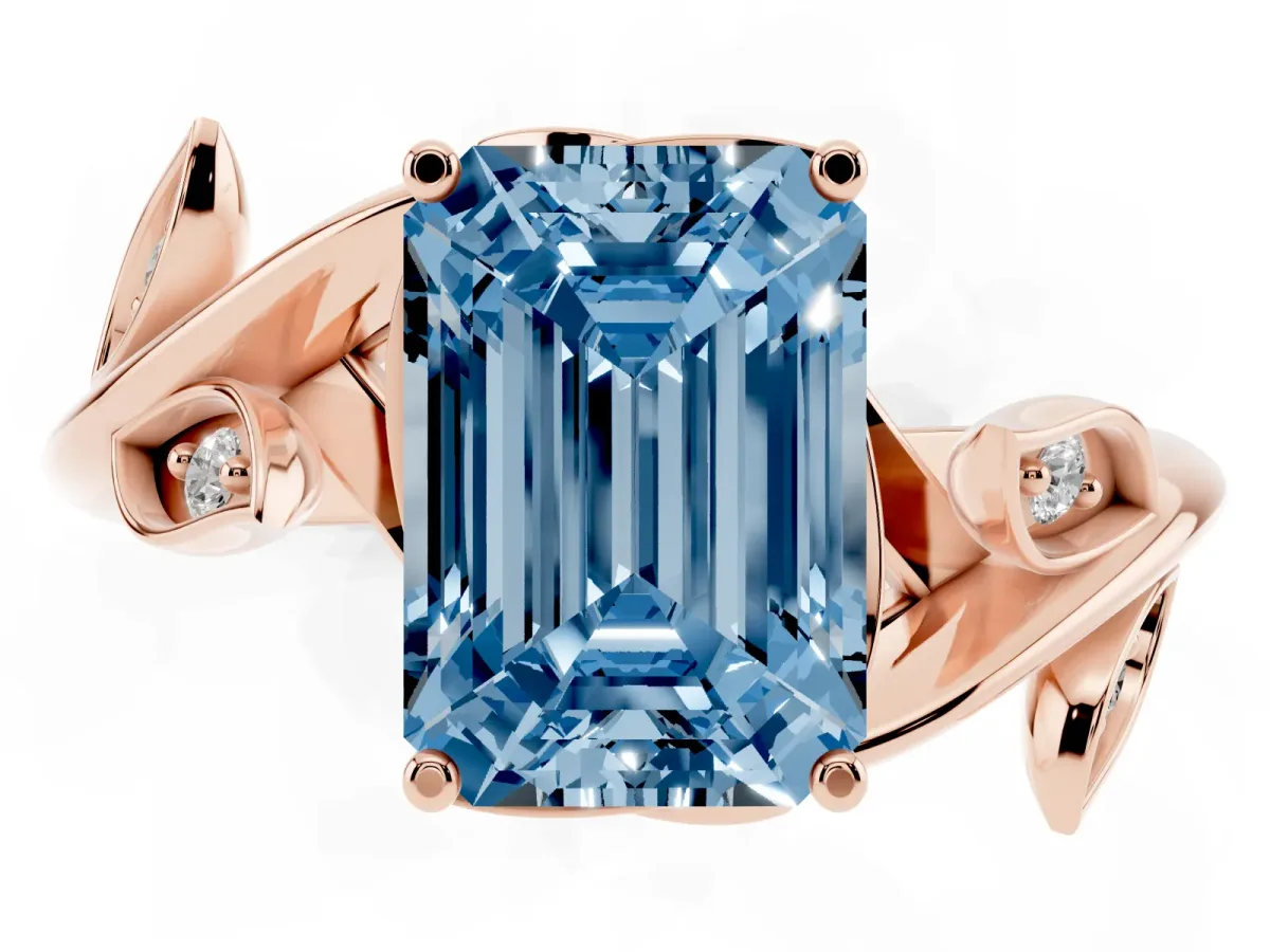 Fancy Blue Emerald Cut Solitaire Twist Engagement Ring with Leaf Accents and Prong Setting Rose gold