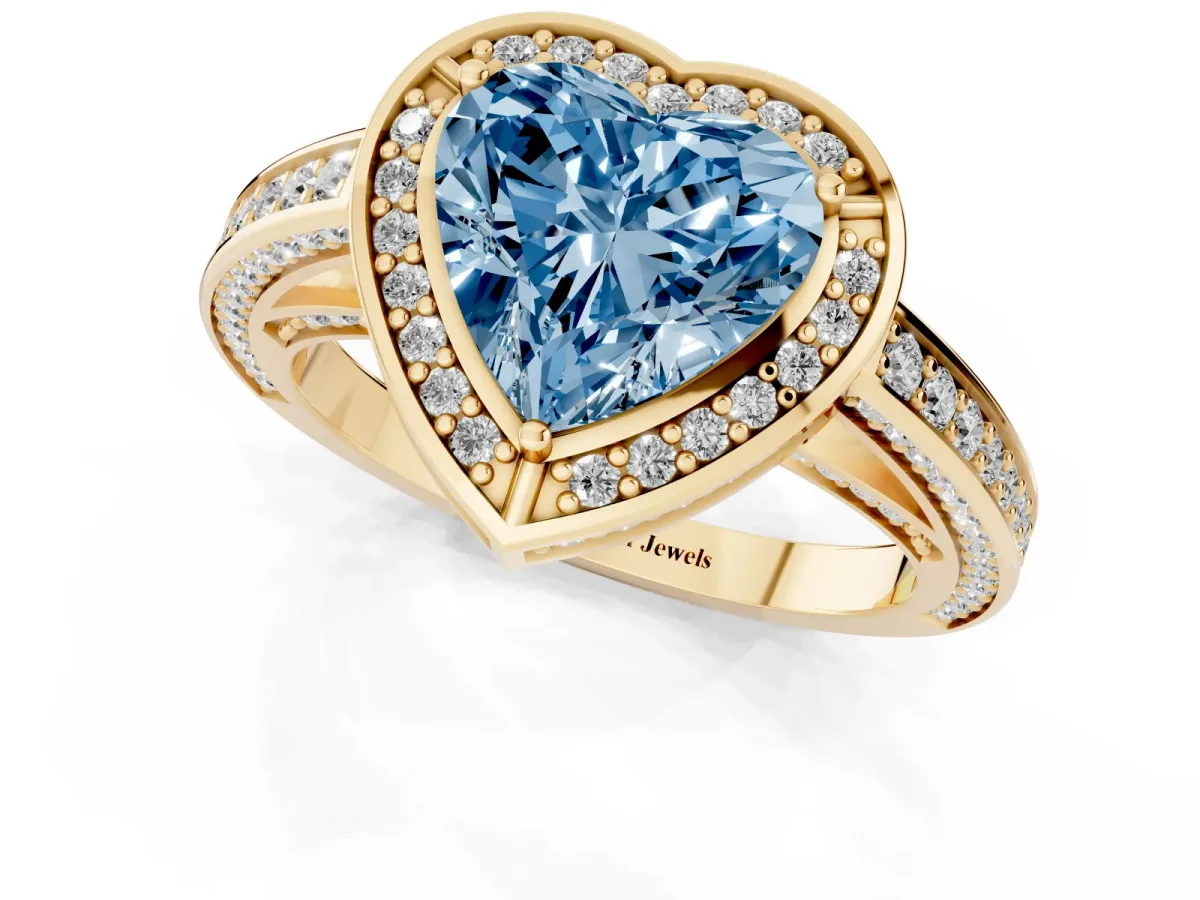 Fancy Blue Heart Cut Cut Halo Pave Split Shank Prong Setting Ring Yellow gold