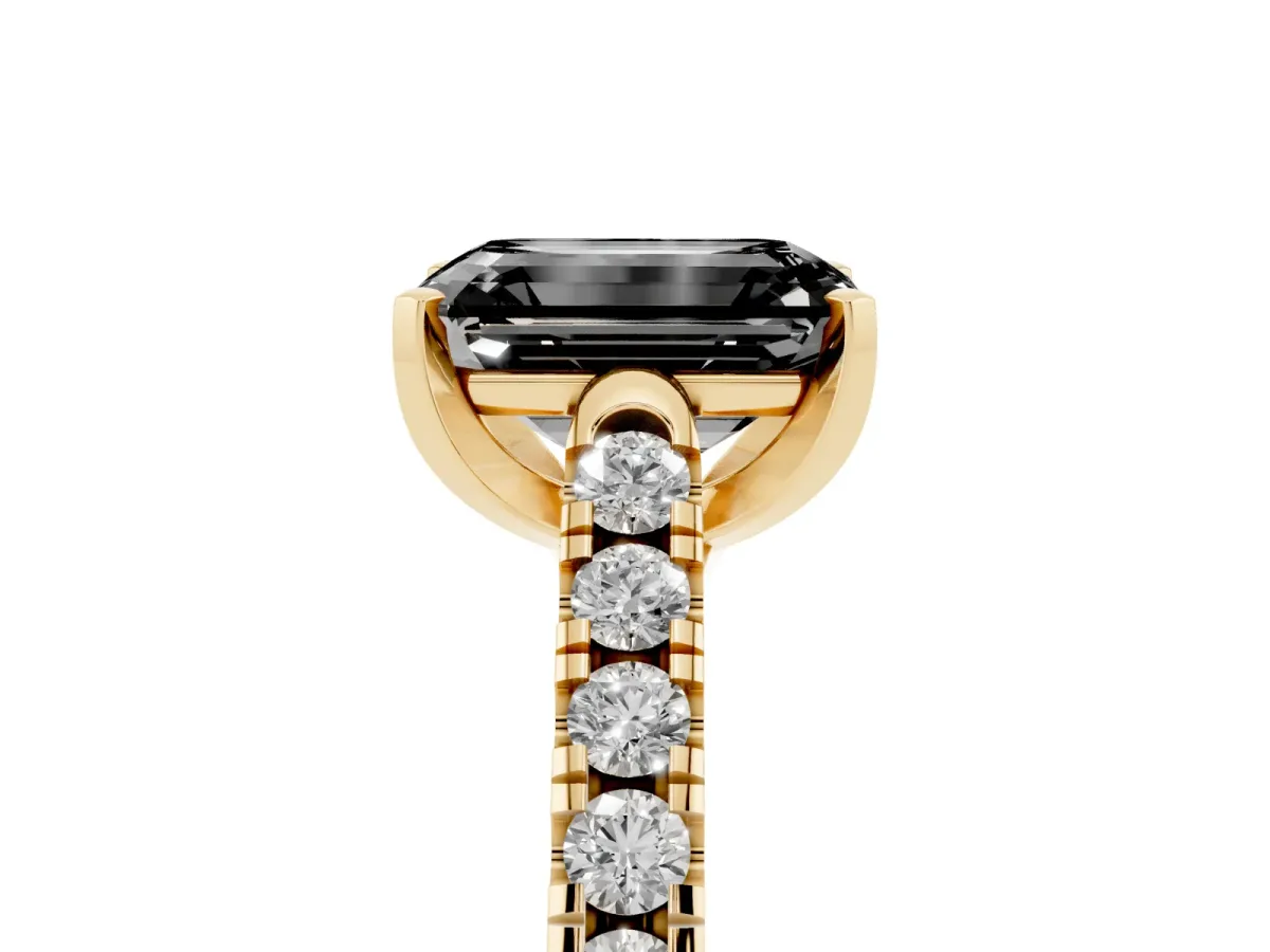 Fancy Black Emerald Cut Diamond Pavé Band Solitaire Ring with Prong Setting Yellow gold