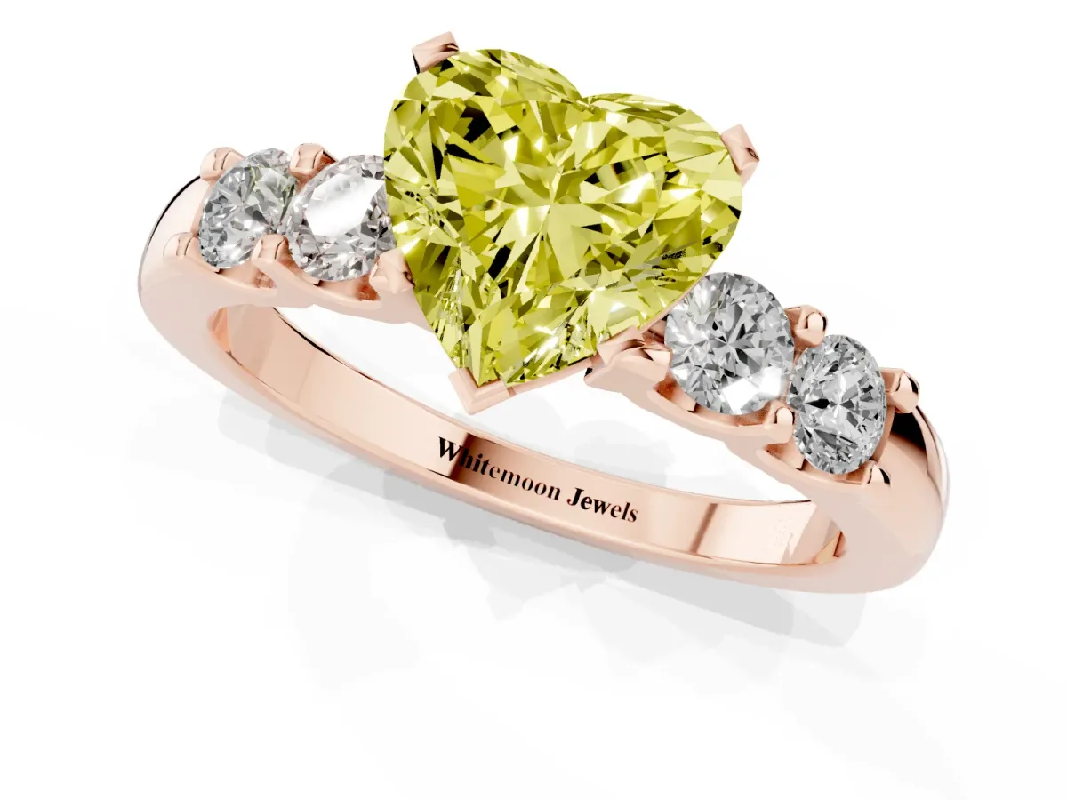 Fancy Yellow Heart Cut Brilliant Cut Diamond Five-Stone Prong Set Engagement Ring with Channel Band Rose gold