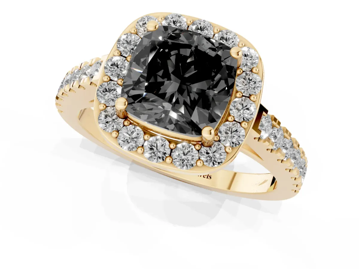 Fancy Black Cushion Cut Diamond Halo Ring with Round Pavé Split Shank and Prong Setting Yellow gold