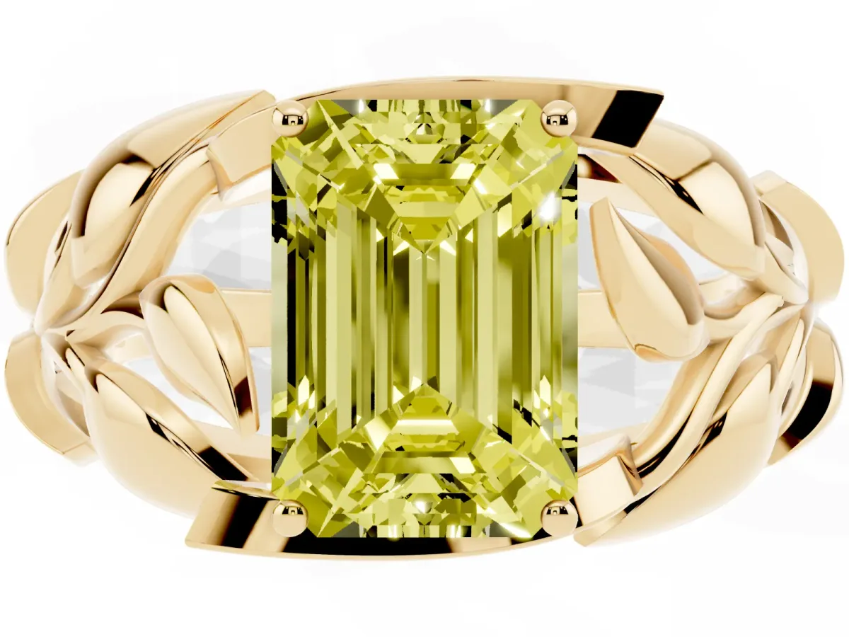 Fancy Yellow Emerald Cut Diamond Leaf-Inspired Engagement Ring with Round Accents and Prong Setting Yellow gold