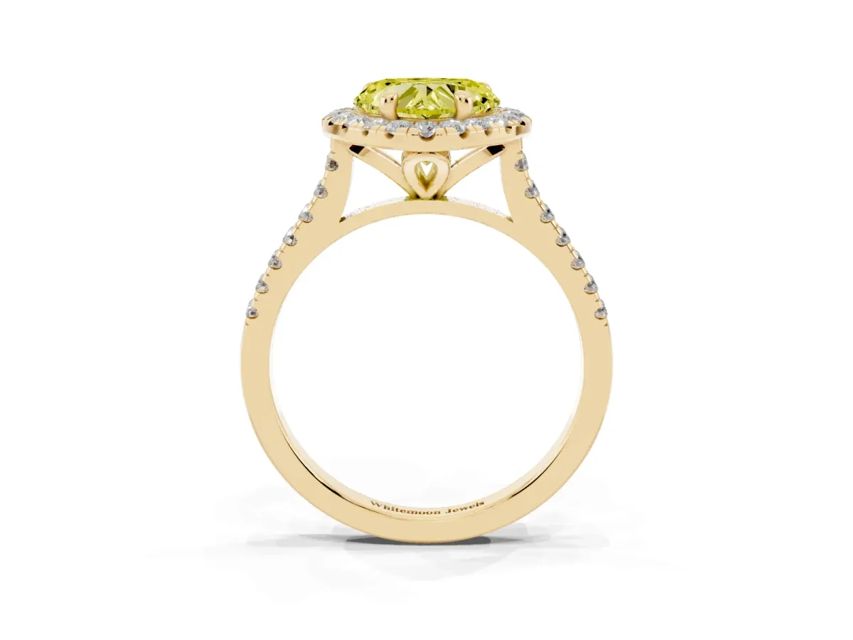 Fancy Yellow Heart Cut Diamond Cushion Halo Ring with Pavé Band Yellow gold