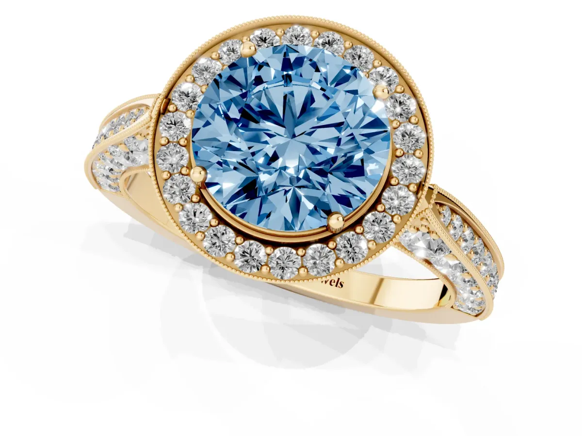 Fancy Blue Round Cut Halo Diamond Engagement Ring with Split Shank Band and Four-Prong Setting Yellow gold