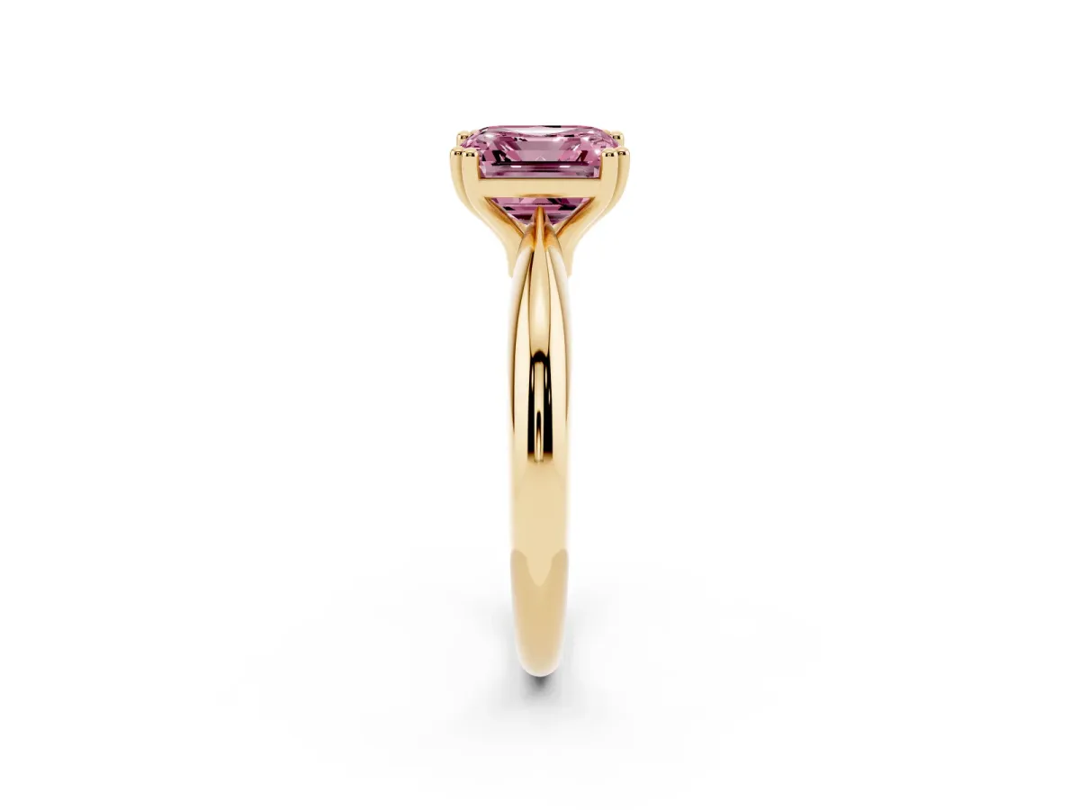 Fancy Pink Asscher Cut Cut Solitaire Engagement Ring with Tapered Band and Four-Prong Setting Yellow gold