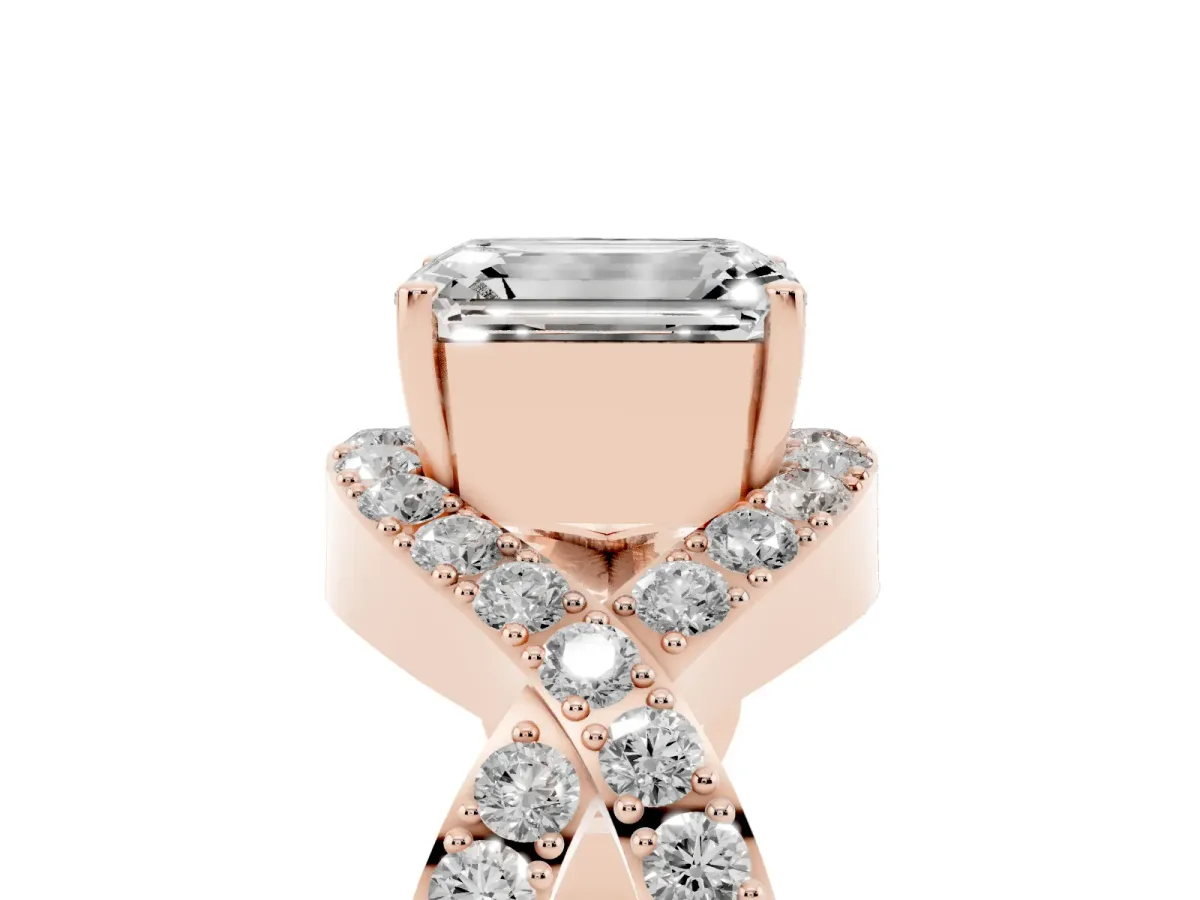 Emerald Cut Solitaire Twist Band Pavé Diamond Engagement Ring Rose gold