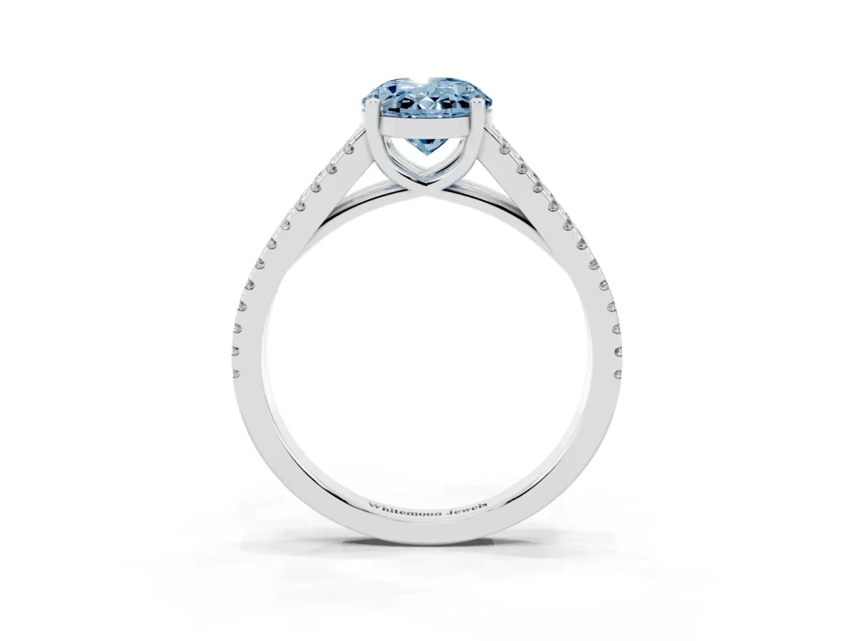 Fancy Blue Oval Cut Diamond Solitaire Engagement Ring with Split Shank Pavé Band Platinum