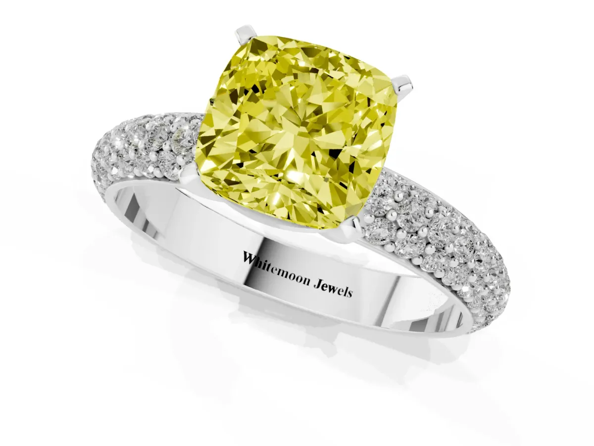 Fancy Yellow Cushion Cut Diamond Solitaire Ring with Prong Setting and Pavé Band Silver