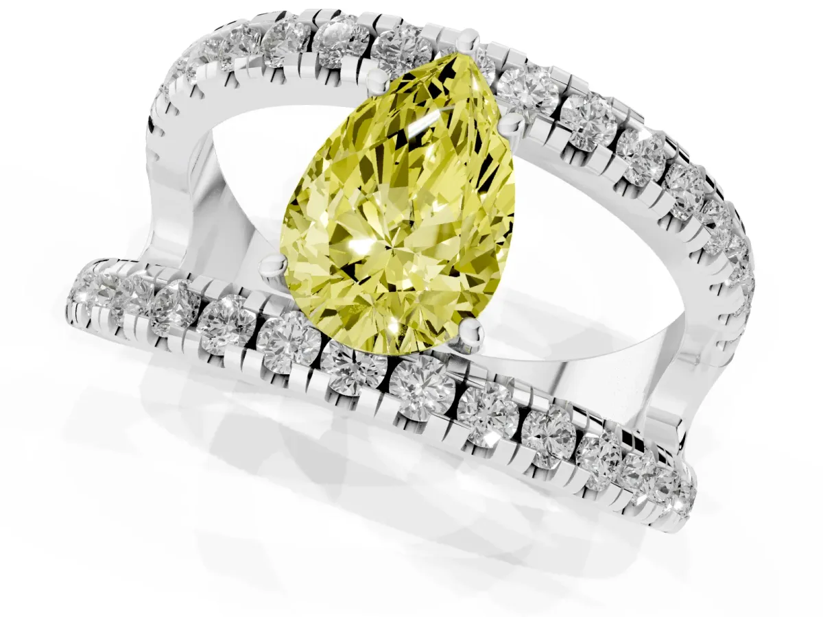 Fancy Yellow Pear Cut Solitaire Split Shank Pave Diamond Ring Silver