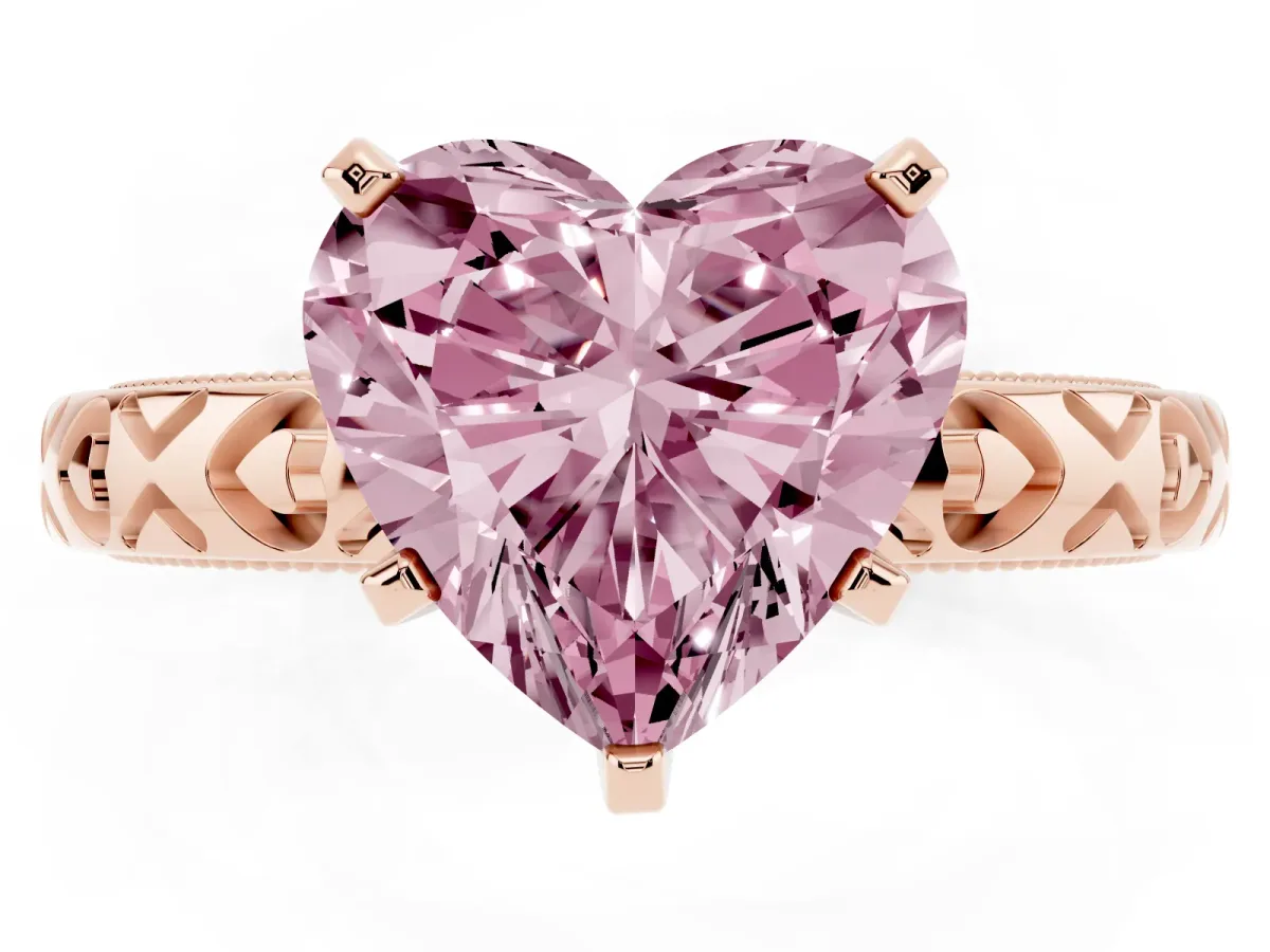 Fancy Pink Heart Cut Solitaire Diamond Engagement Ring with XO Engraved Band and Four-Prong Setting Rose gold