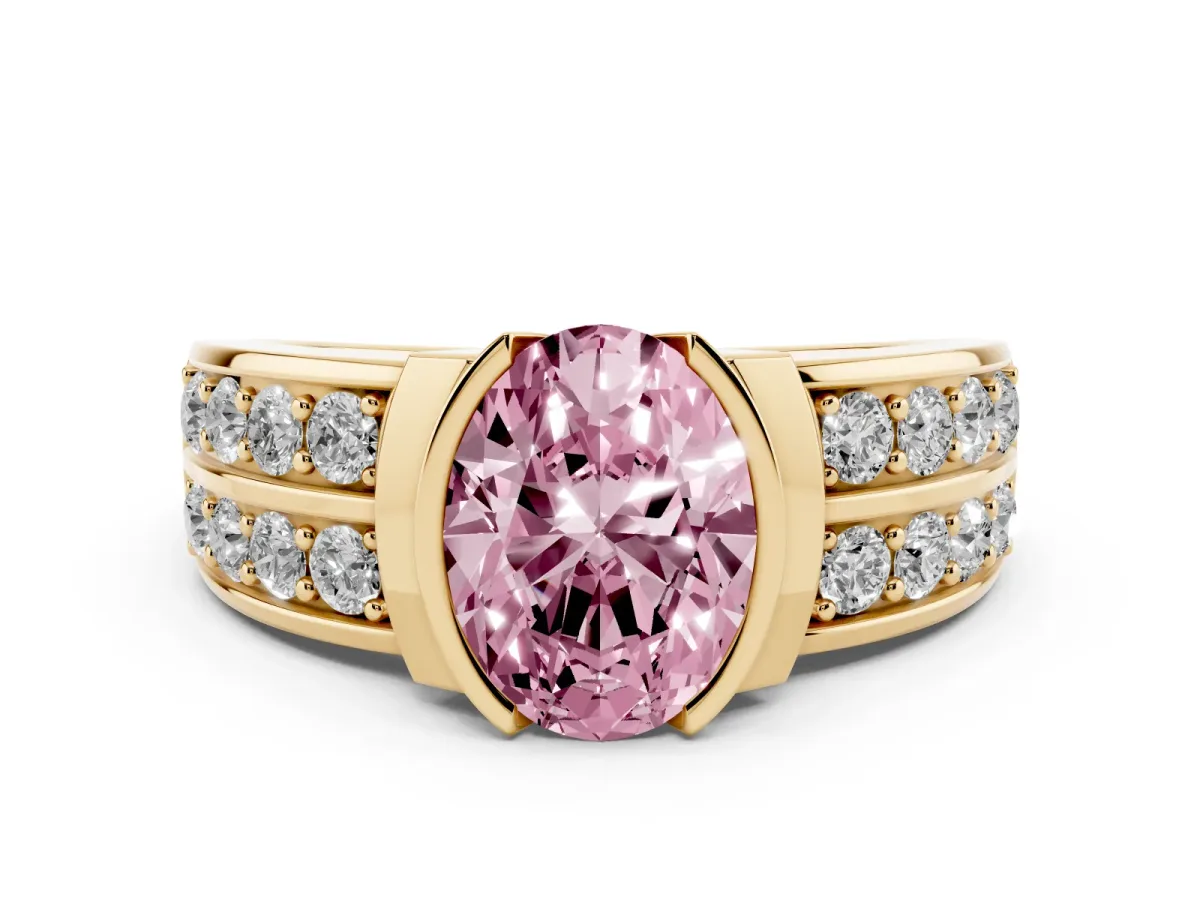 Fancy Pink Oval Cut Brilliant Diamond Channel Set Wide Band Ring with Bezel Setting Yellow gold