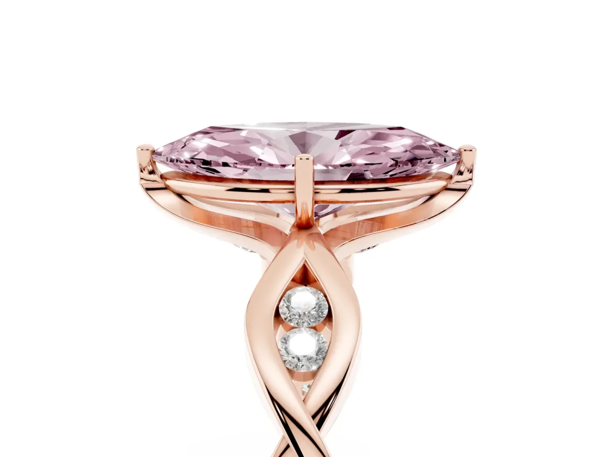Fancy Pink Marquise Cut Solitaire Twist Band with Leaf Prong Setting Rose gold
