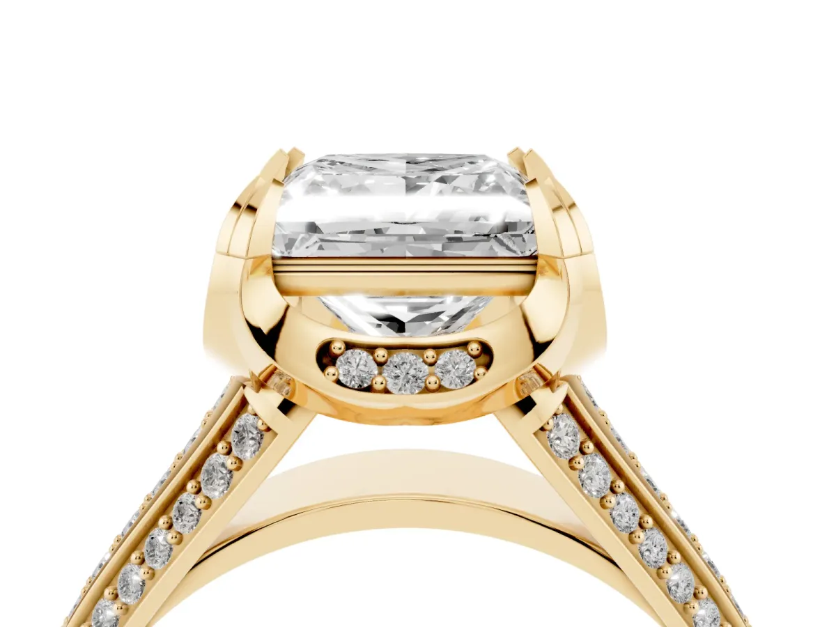 Princess Cut Solitaire Pave Split Shank Ring with Four-Prong Setting Yellow gold