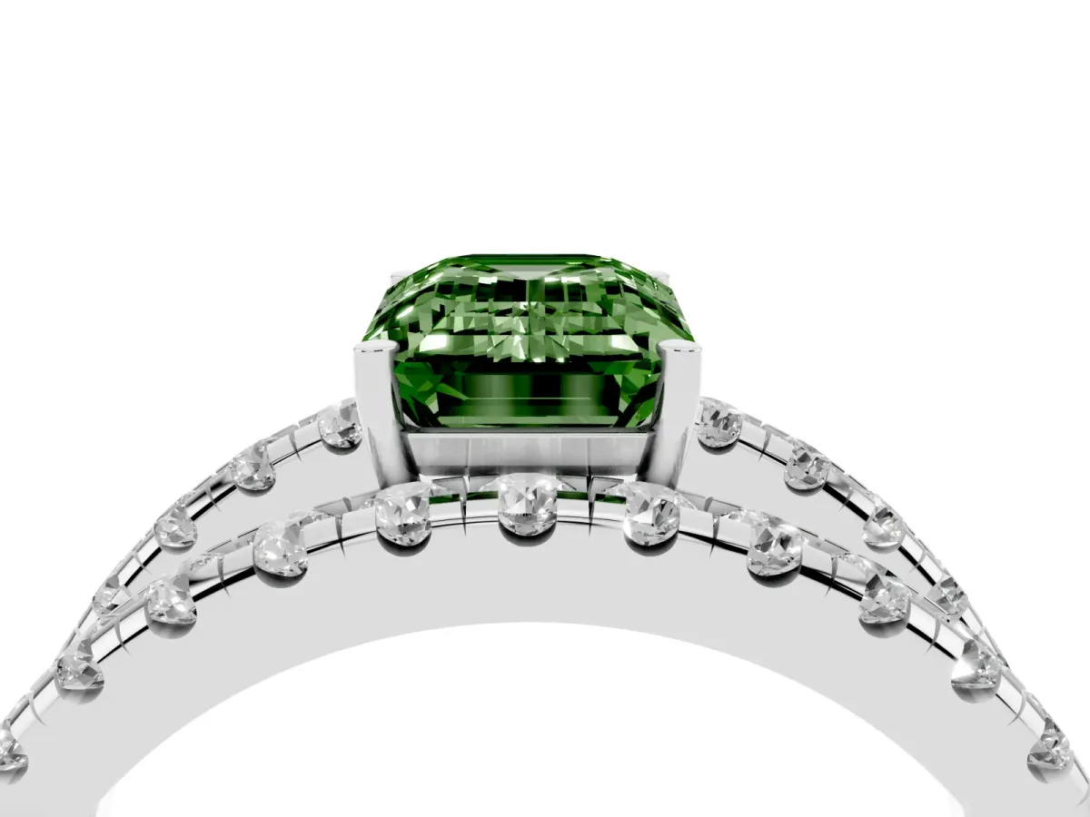 Fancy Green Emerald Cut Solitaire Split Shank Pave Diamond Ring Silver
