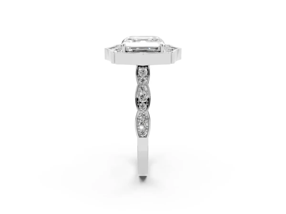 Asscher Cut Halo Diamond Engagement Ring with Milgrain Band and Four-Prong Setting White gold