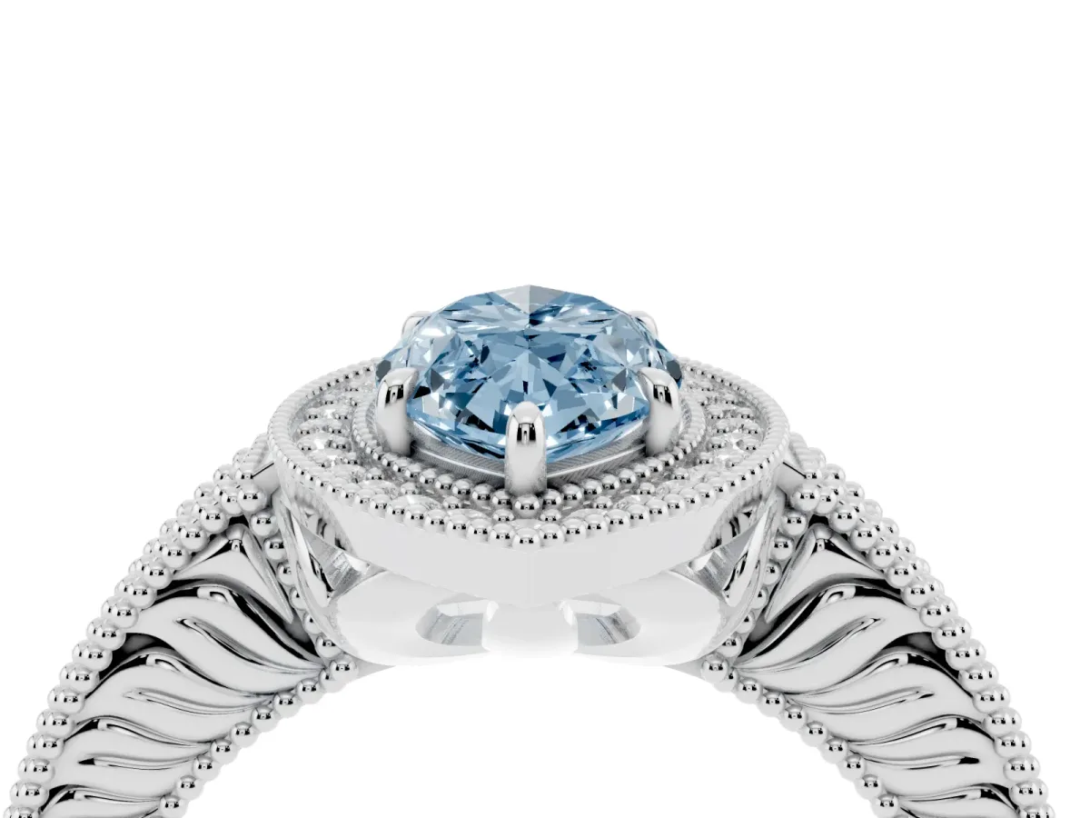 Fancy Blue Marquise Cut Cut Halo Diamond Ring with Pavé Band and Four-Prong Setting White gold