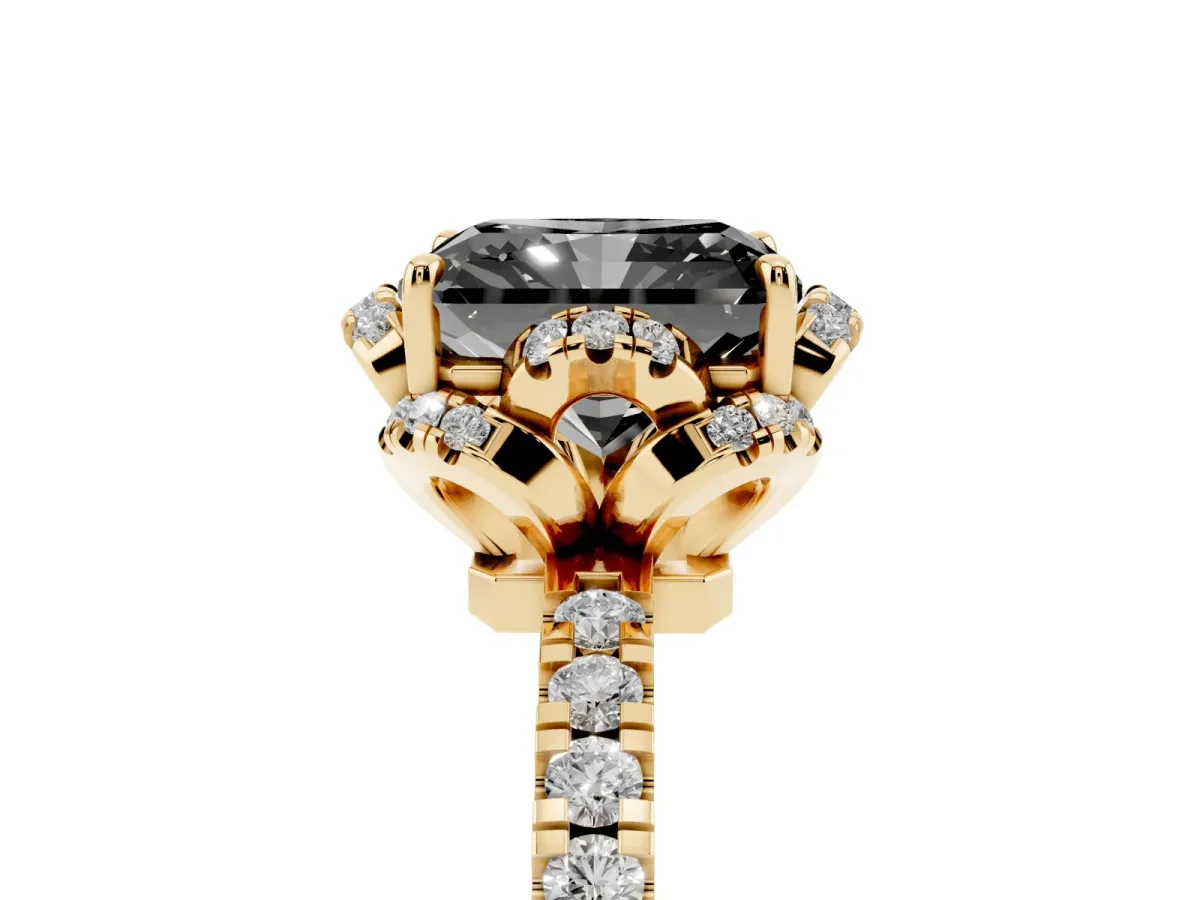 Fancy Black Radiant Cut Diamond Halo Pave Band with Four-Prong Setting Yellow gold