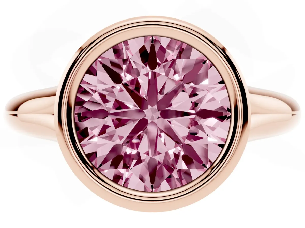 Fancy Pink Bezel Set Round Cut Solitaire Diamond Ring with Smooth Band Rose gold