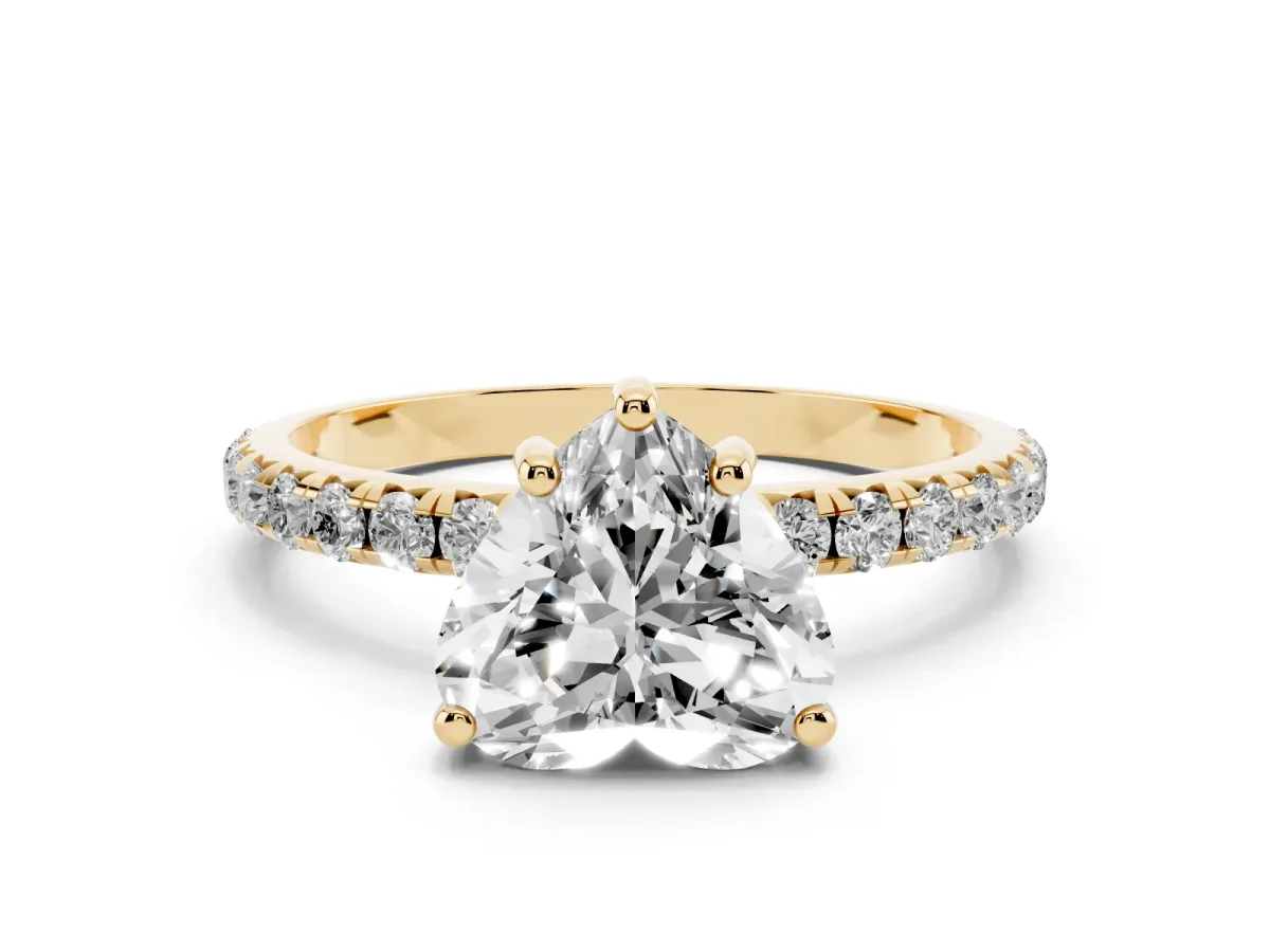 Heart Cut Cut Diamond Solitaire Ring with Micro Pave Band and Four Prong Setting Yellow gold