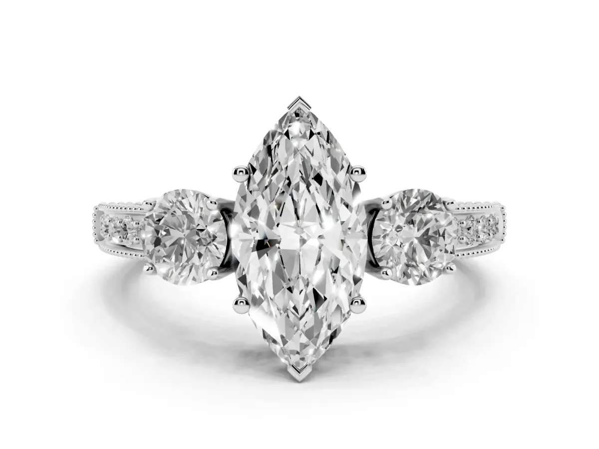 Marquise Cut Three-Stone Diamond Ring with Pavé Band and Four-Prong Setting Silver