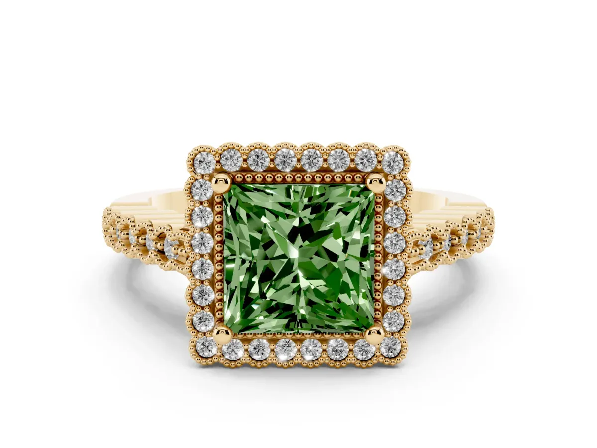 Fancy Green Princess Cut Cut Halo Pavé Solitaire Ring with Milgrain Band Yellow gold