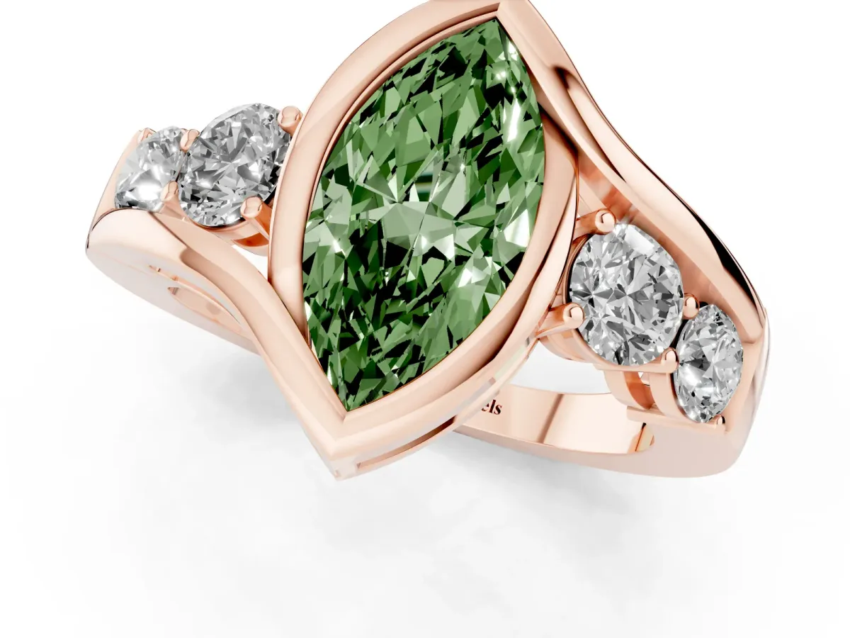 Fancy Green Bezel Set Marquise Cut Diamond Bypass Ring with Round Accents Rose gold