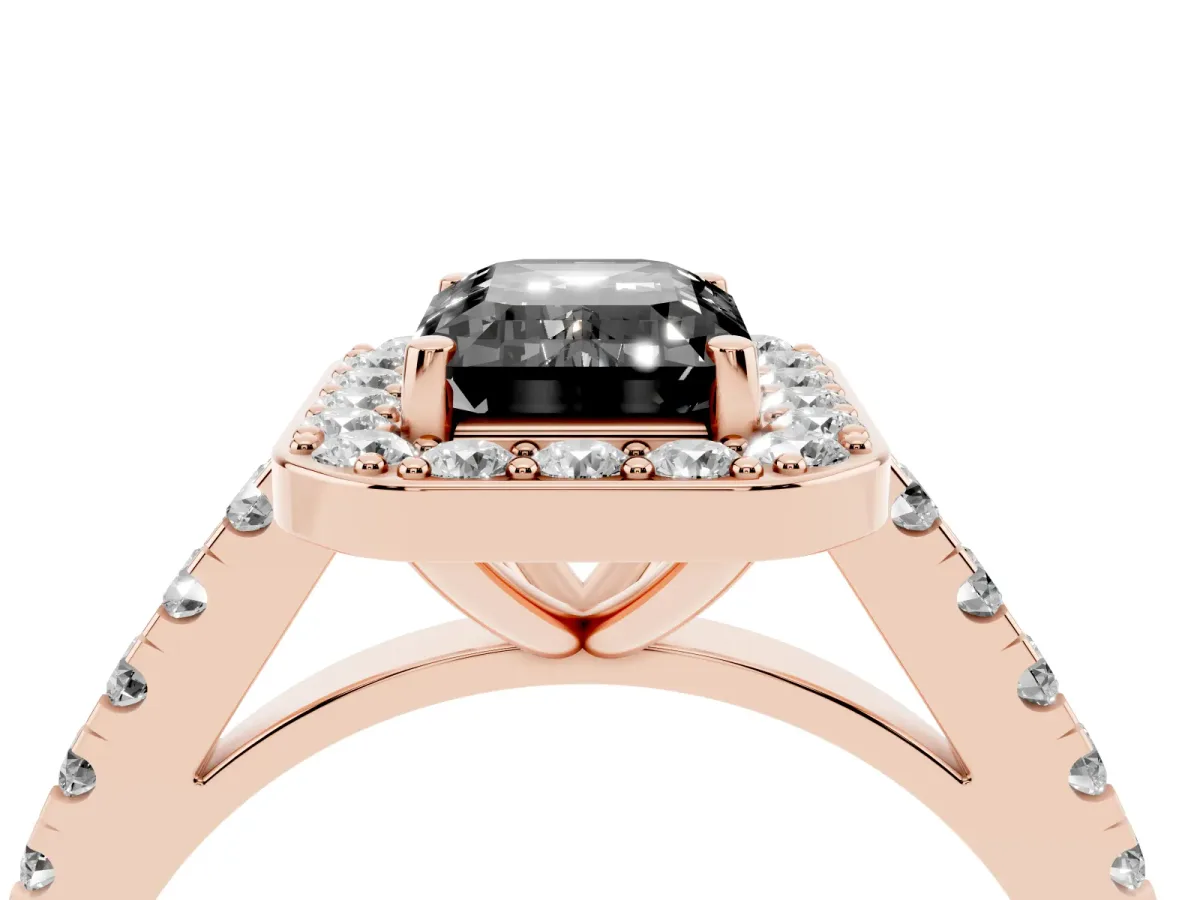 Fancy Black Emerald Cut Diamond Halo Ring with Round Pavé Split Shank and Prong Setting Rose gold