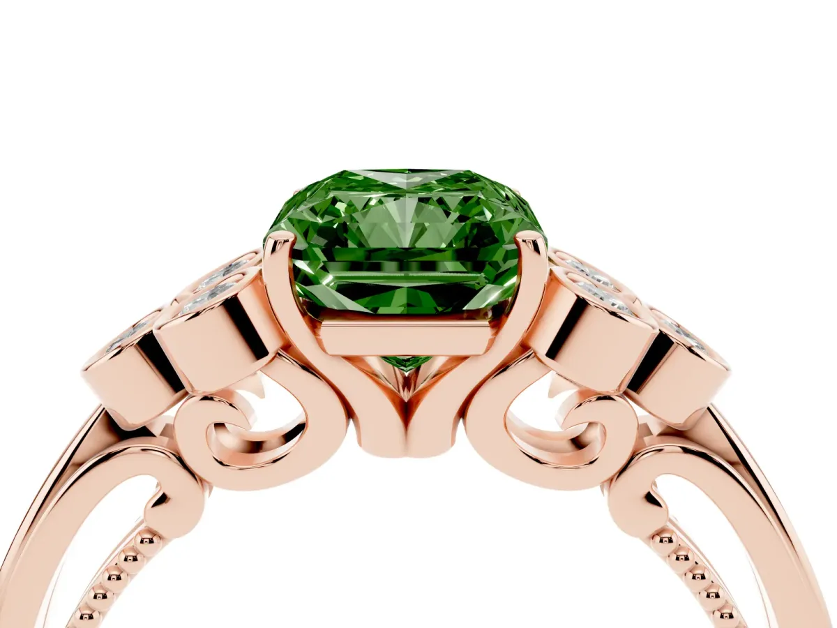 Fancy Green Radiant Cut Cut Diamond Engagement Ring with Bezel Set Round Side Stones and Prong Setting Rose gold