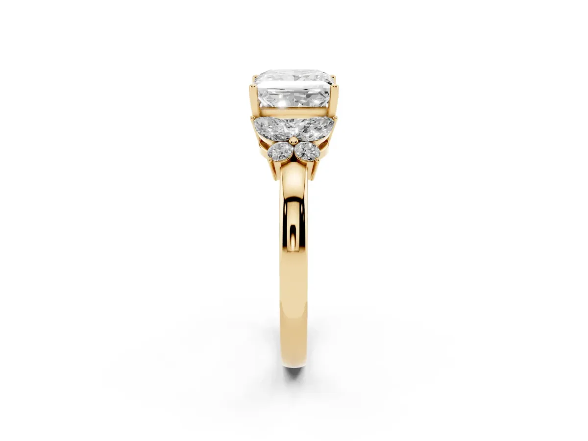 Princess Cut Cut Solitaire Floral Diamond Ring with Four-Prong Setting Yellow gold