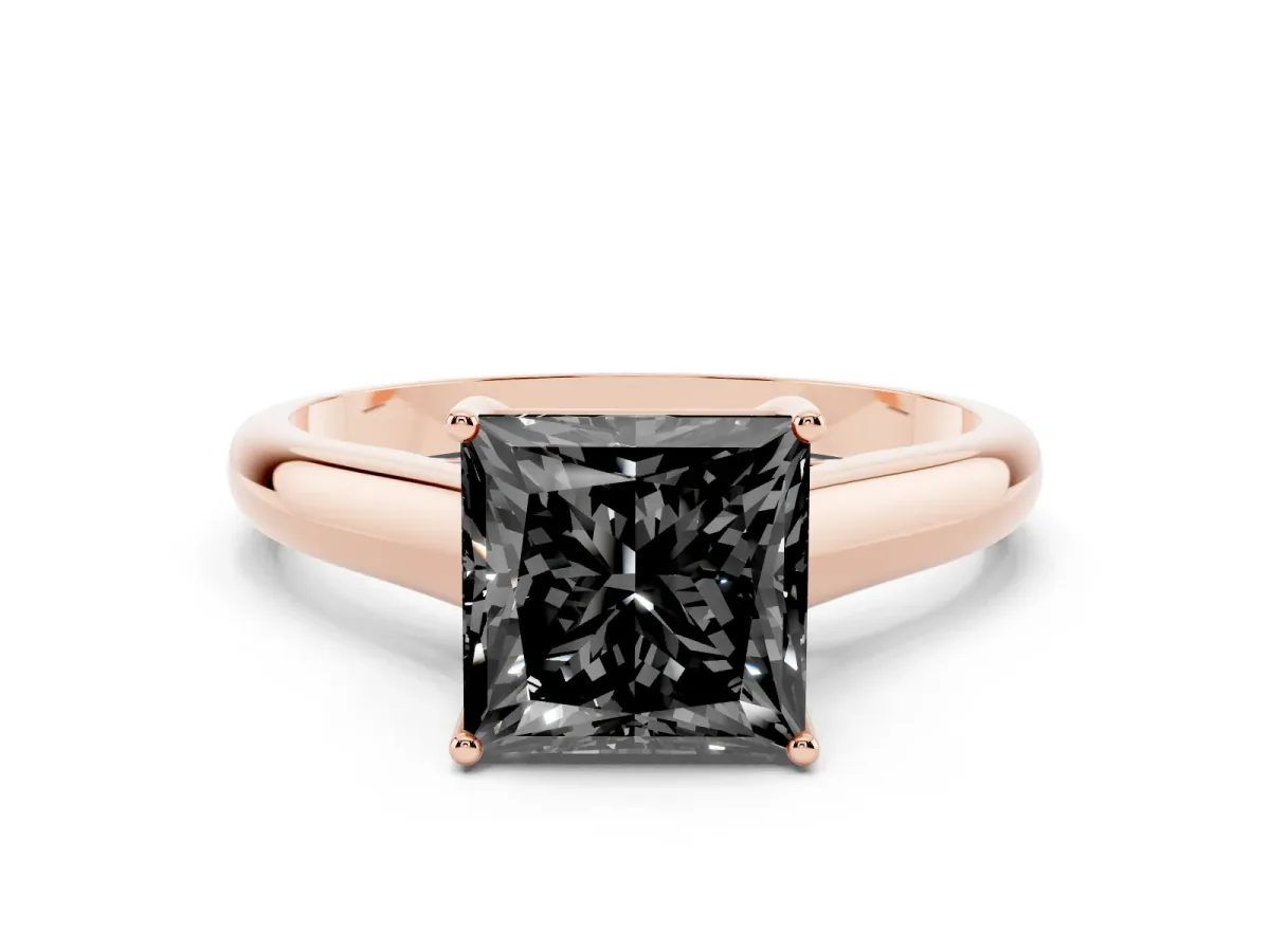 Fancy Black Princess Cut Solitaire Engagement Ring with Tapered Band and Four-Prong Setting Rose gold