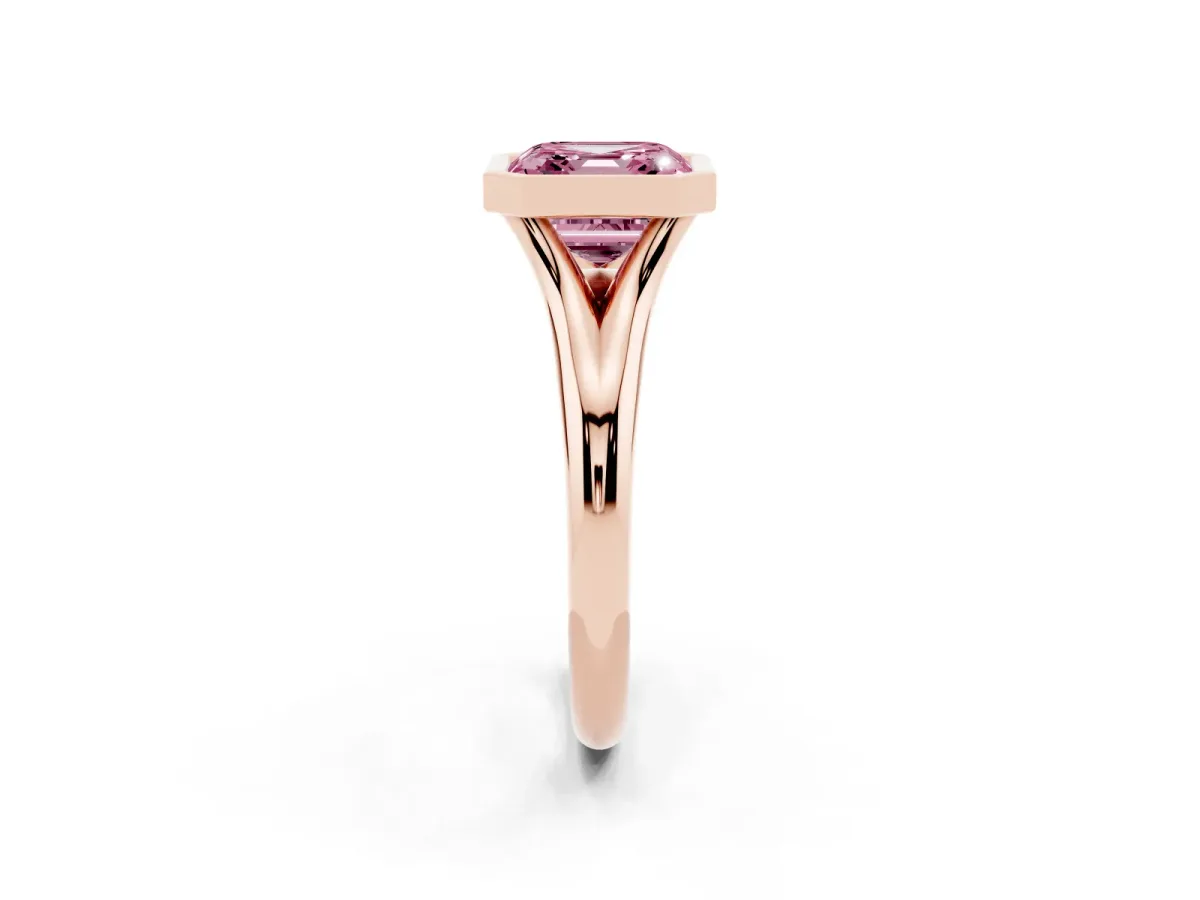 Fancy Pink Bezel Set Asscher Cut Solitaire Diamond Ring with Smooth Band Rose gold