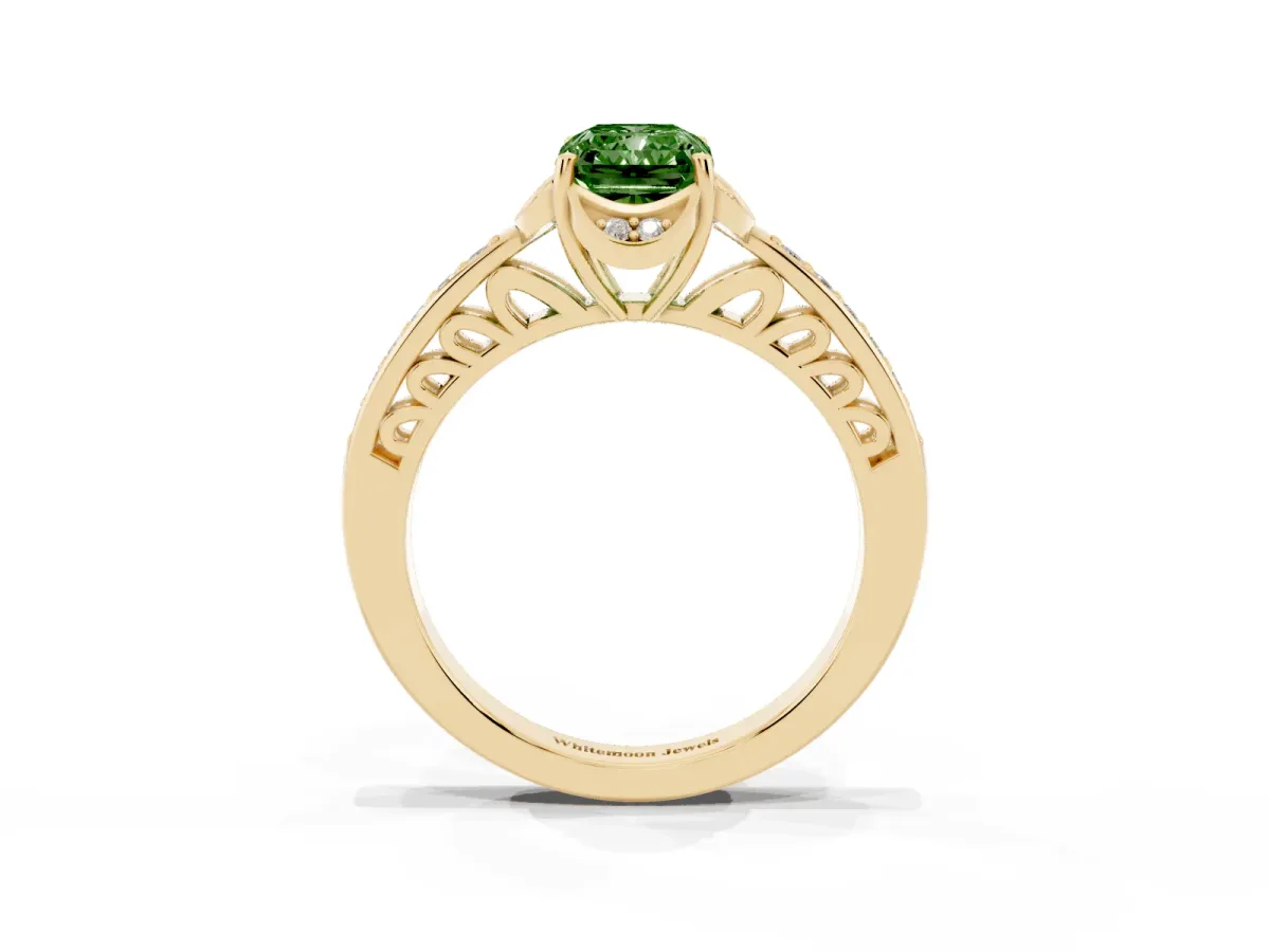 Fancy Green Radiant Cut Cut Halo Diamond Ring with Channel Set Band and Four-Prong Setting Yellow gold