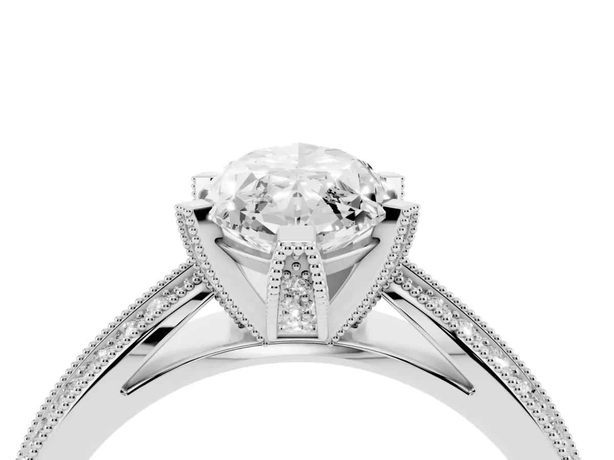Marquise Cut Diamond Solitaire Ring with Milgrain Round Pavé Band and Prong Setting Silver