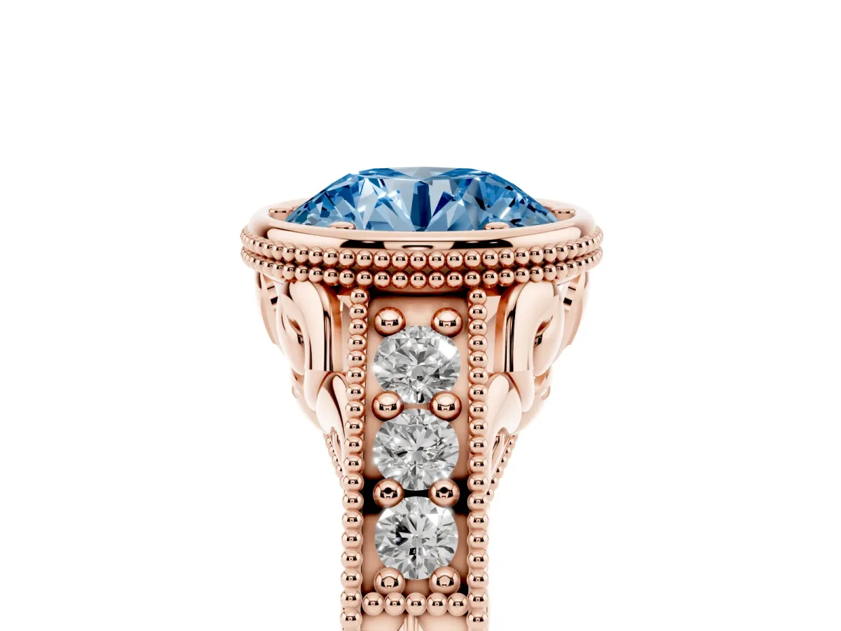 Fancy Blue Bezel Set Round Cut Diamond Milgrain Pave Engagement Ring Rose gold