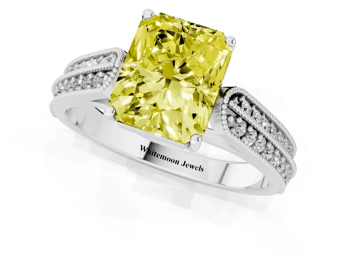 Fancy Yellow Radiant Cut Cut Pave Split Shank Engagement Ring with Four-Prong Setting Platinum