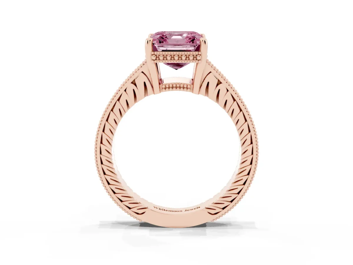 Fancy Pink Asscher Cut Solitaire Pavé Diamond Milgrain Engagement Ring with Four-Prong Setting Rose gold