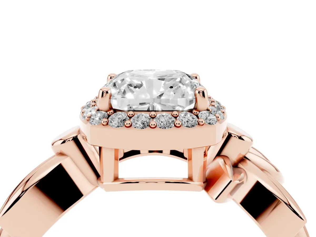 Cushion Cut Halo Diamond Floral Band with Four-Prong Setting Rose gold