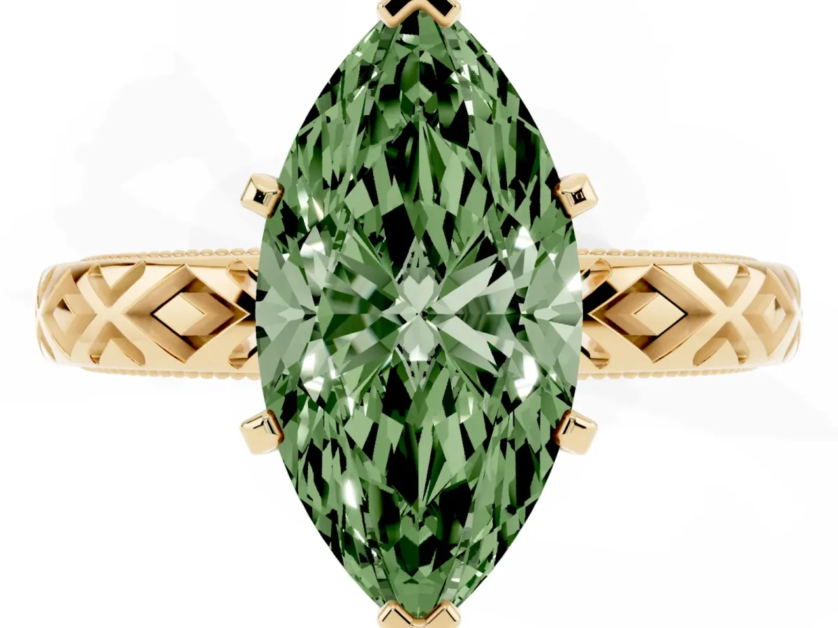 Fancy Green Marquise Cut Solitaire Diamond Ring with Milgrain and Black Enamel X Pattern Band Yellow gold