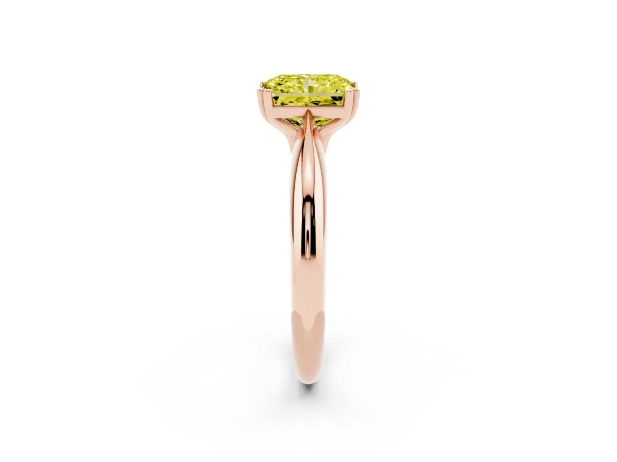 Fancy Yellow Radiant Cut Cut Solitaire Engagement Ring with Tapered Band and Four-Prong Setting Rose gold