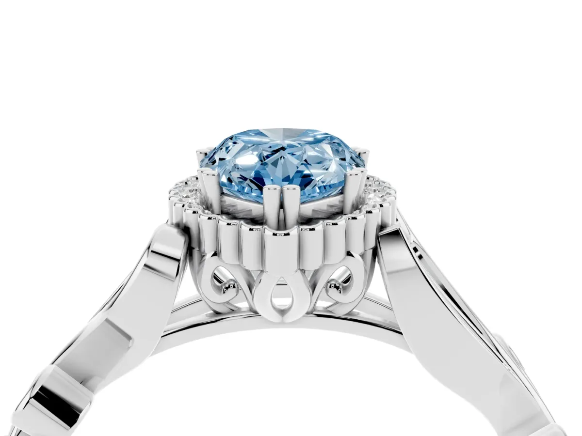 Fancy Blue Pear Cut Diamond Halo Ring with Vintage Split Shank and Four-Prong Setting Silver