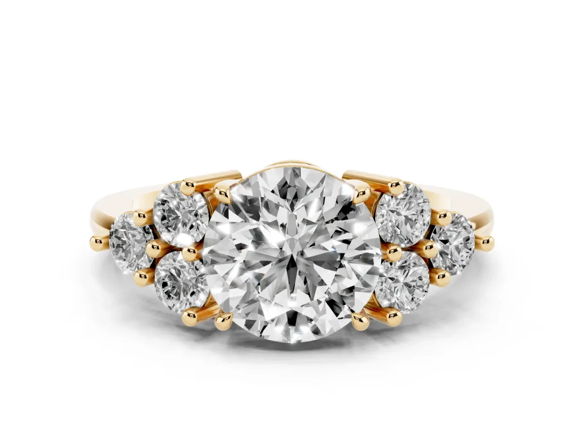 Round Cut Brilliant Diamond Cluster Accent Solitaire Ring with Prong Setting Yellow gold