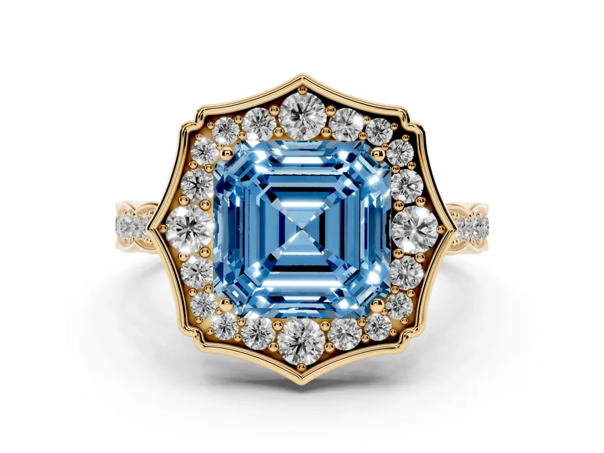 Fancy Blue Asscher Cut Halo Diamond Engagement Ring with Milgrain Band and Four-Prong Setting Yellow gold