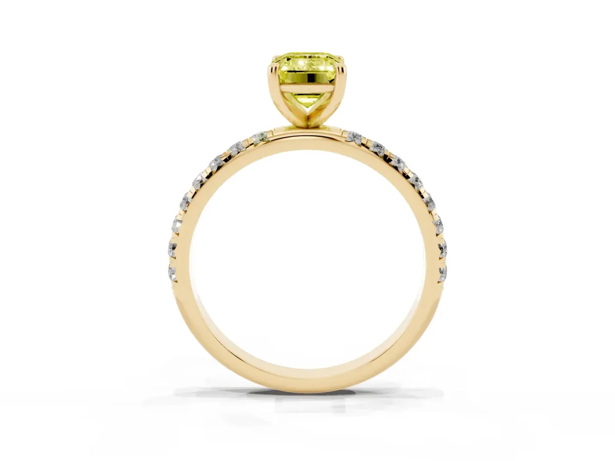Fancy Yellow Emerald Cut Cut Diamond Solitaire Ring with Micro Pave Band and Four Prong Setting Yellow gold