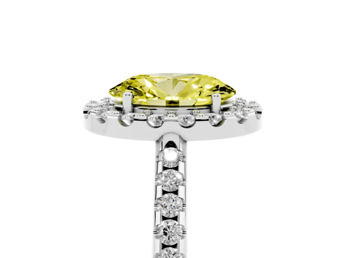Fancy Yellow Oval Cut Diamond Pavé Halo Ring with Four-Prong Setting Silver