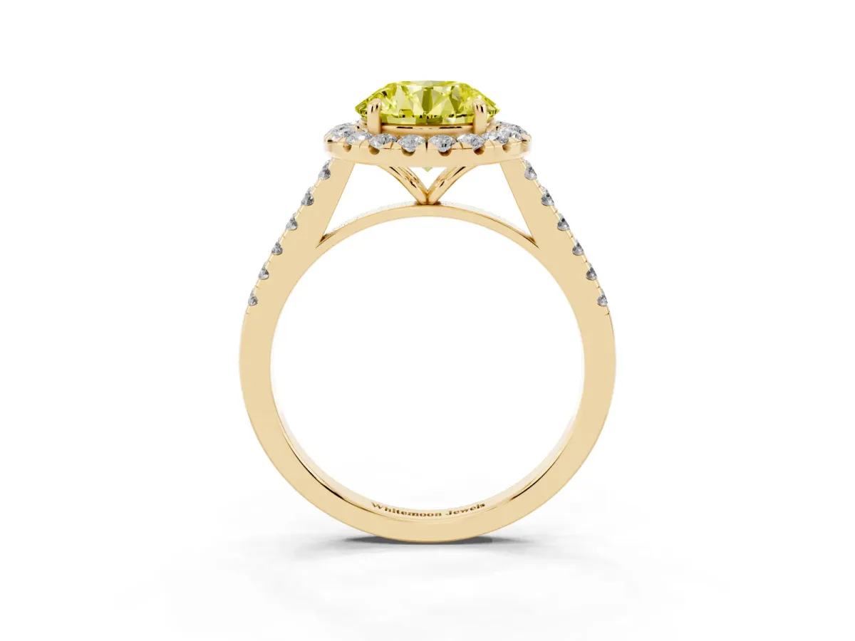 Fancy Yellow Round Cut Halo Pave Diamond Engagement Ring with Four-Prong Setting Yellow gold