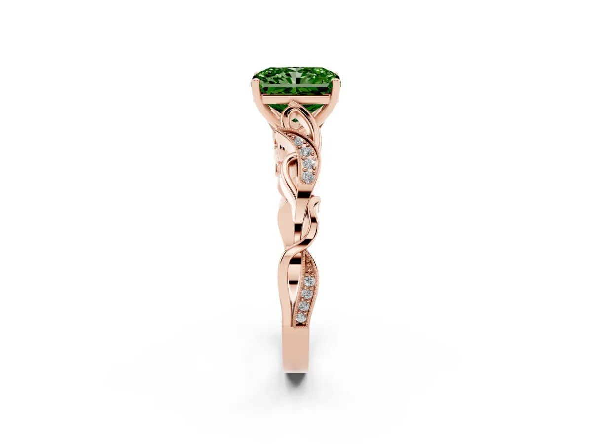 Fancy Green Radiant Cut Solitaire Vine Band with Milgrain Prong Setting Rose gold