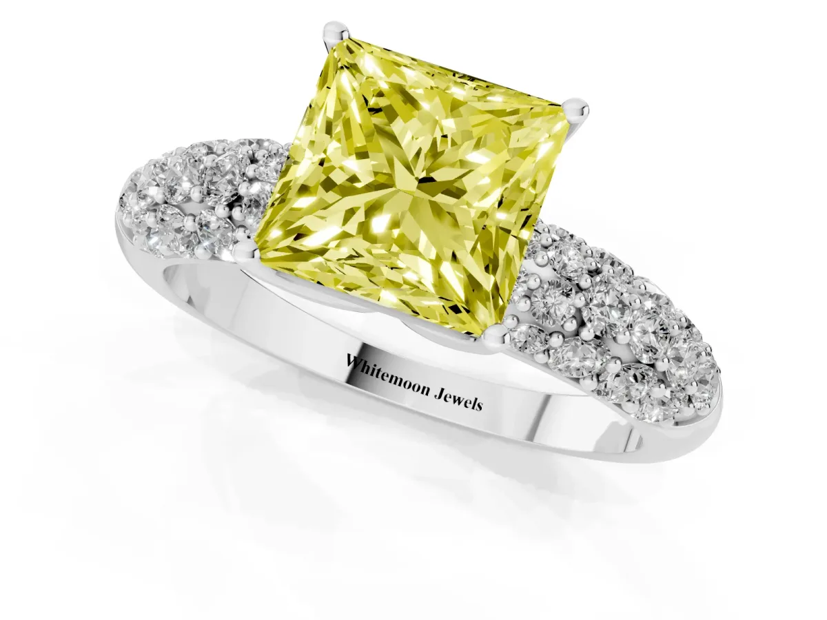 Fancy Yellow Princess Cut Diamond Pavé Band Solitaire Ring with Four-Prong Setting Platinum