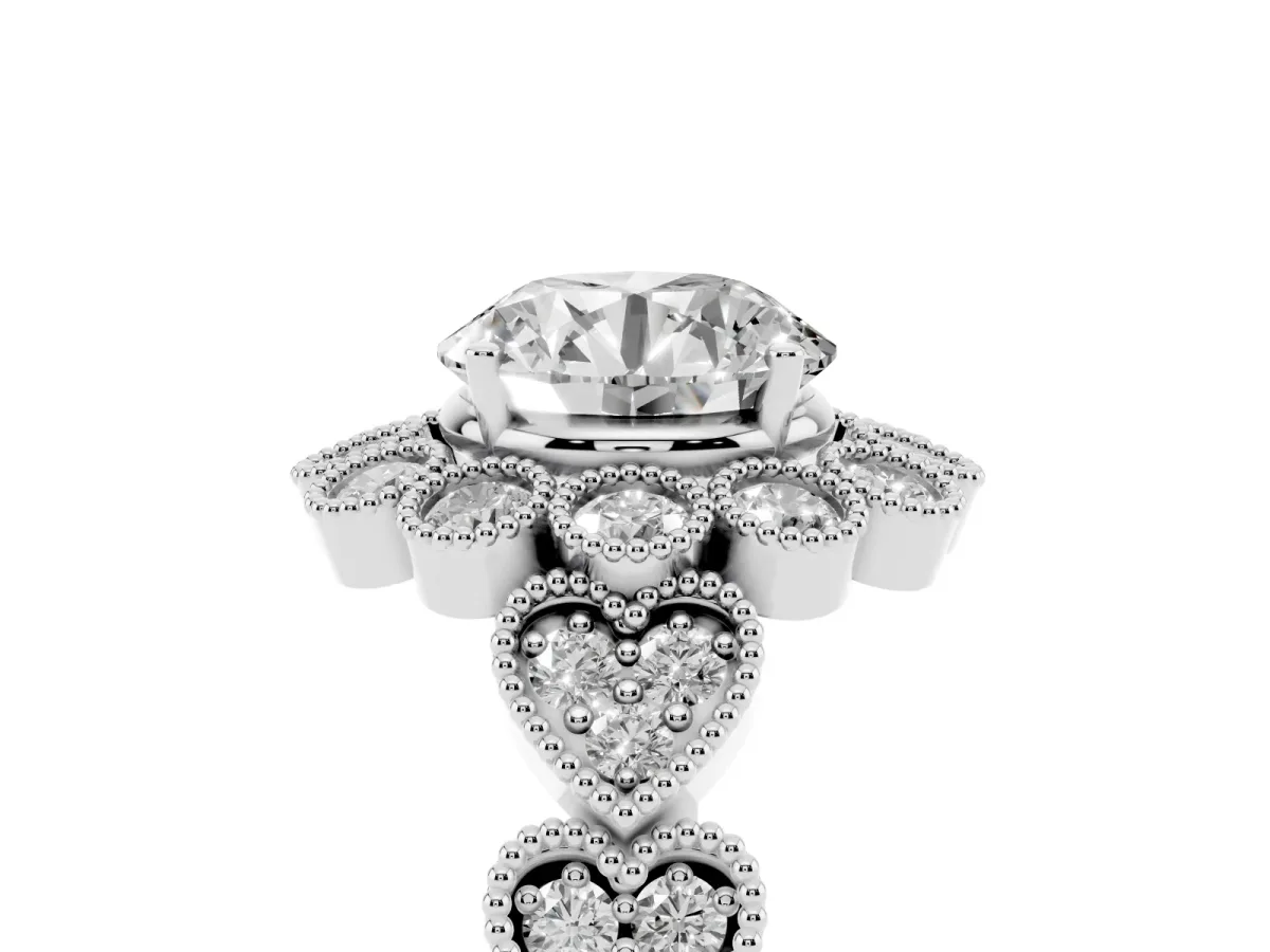 Round Cut Brilliant Milgrain Pave Heart Band Solitaire Ring Silver