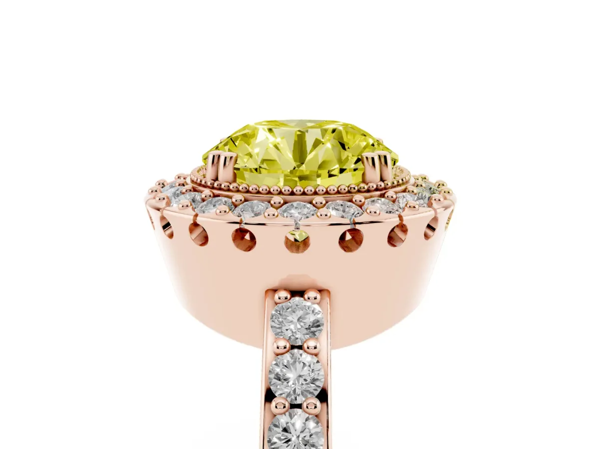 Fancy Yellow Round Cut Diamond Halo Ring with Pavé Band and Prong Setting Rose gold
